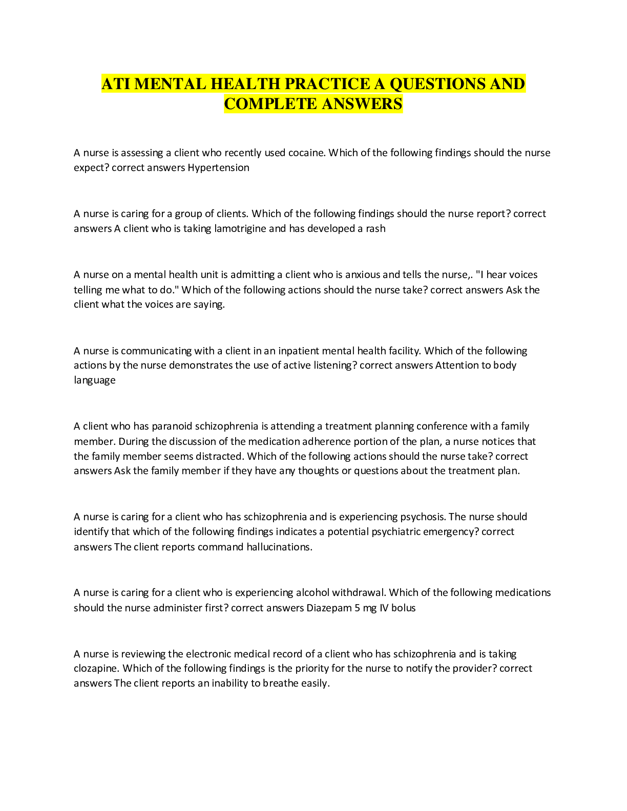 Preview image for ATI MENTAL HEALTH PRACTICE A QUESTIONS AND COMPLETE ANSWERS